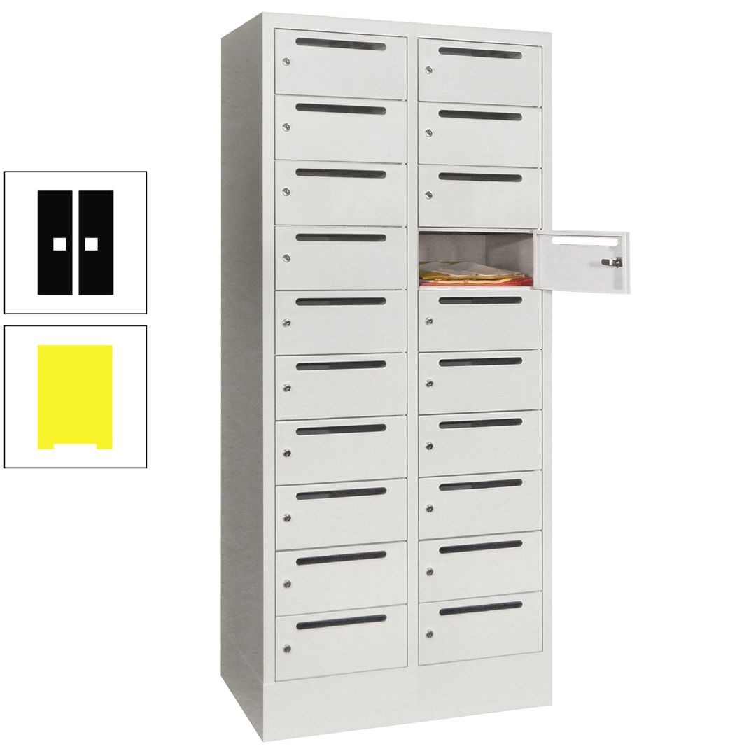 Postverteilerschrank, Schließfachschrank, 2 Abteile a 400 mm, 20 Fächer, 1.850 x 800 x 500 mm (HxBxT), Korpus anthrazitgrau, Front anthrazitgrau