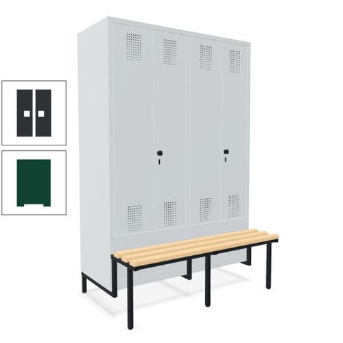 Doppel-Spind, Garderobenschrank, Buche Sitzbank integriert, 4 Abteile 300 mm, Korpus anthrazitgrau, Tür anthrazitgrau, 1.850 x 1.200 x 815 mm (HxBxT)