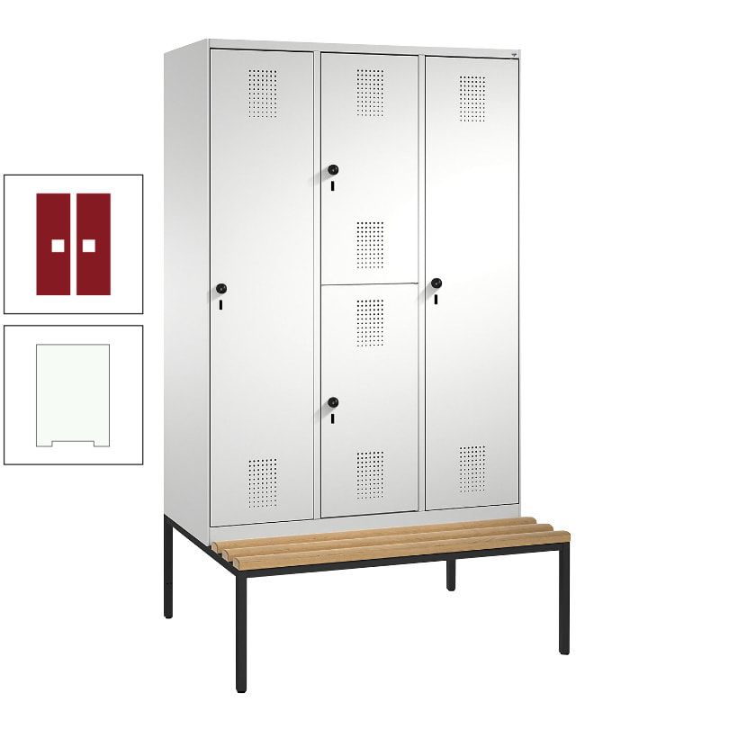 Garderobenschrank, Spind ein- und doppelstöckig Sitzbank, 3 Abteile, 4 Fächer, 2.090x1.200x500 mm (HxBxT), Front anthrazitgrau, Korpus anthrazitgrau