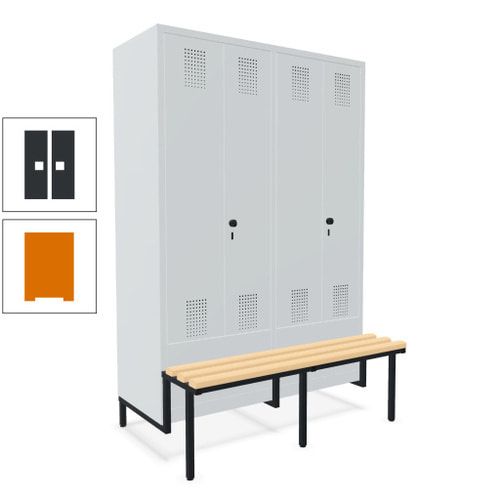 Doppel-Spind, Garderobenschrank, Buche Sitzbank integriert, 4 Abteile 300 mm, Korpus anthrazitgrau, Tür anthrazitgrau, 1.850 x 1.200 x 815 mm (HxBxT)