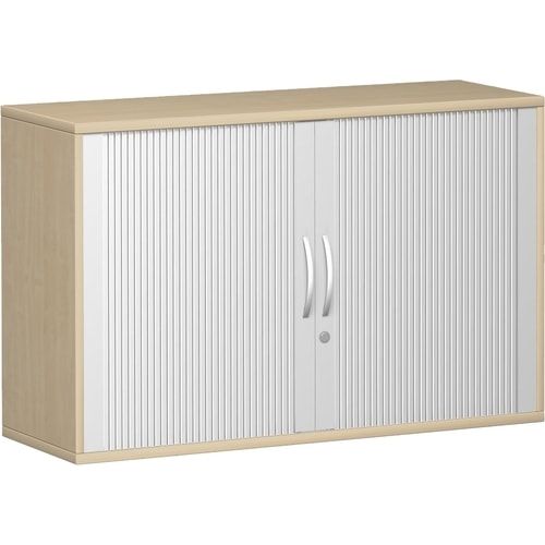 Anstell-Querrollladenschrank, Dekoreinlageboden, Stellfüße, abschließbar, 720 x 1.000 x 425 mm (HxBxT), Korpusfarbe Ahorn, Frontfarbe silber