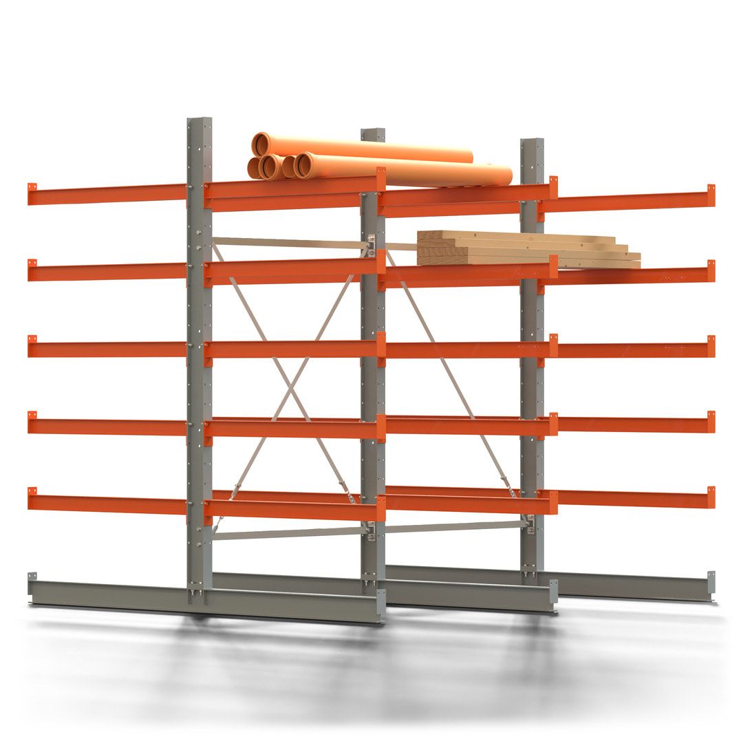 Doppelseitiges Kragarmregal, 2 Felder, 2.500 x 2.560 x 1.120 mm (HxBxT), Nutztiefe 500 mm, Kragarmlast 870 kg, KARL basic, silbergrau/reinorange