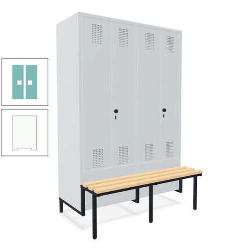 Doppel-Spind, Garderobenschrank, Buche Sitzbank integriert, 4 Abteile 300 mm, Korpus anthrazitgrau, Tür anthrazitgrau, 1.850 x 1.200 x 815 mm (HxBxT)