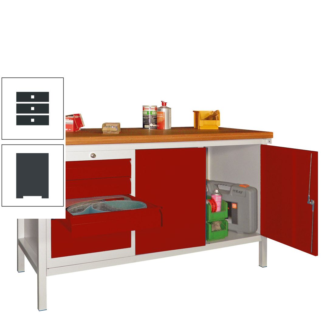 Werkbank mit Schubladenblock und Schrank - Traglast 1.050 kg - 900 x 1.500 x 700 (HxBxT) - anthrazitgrau