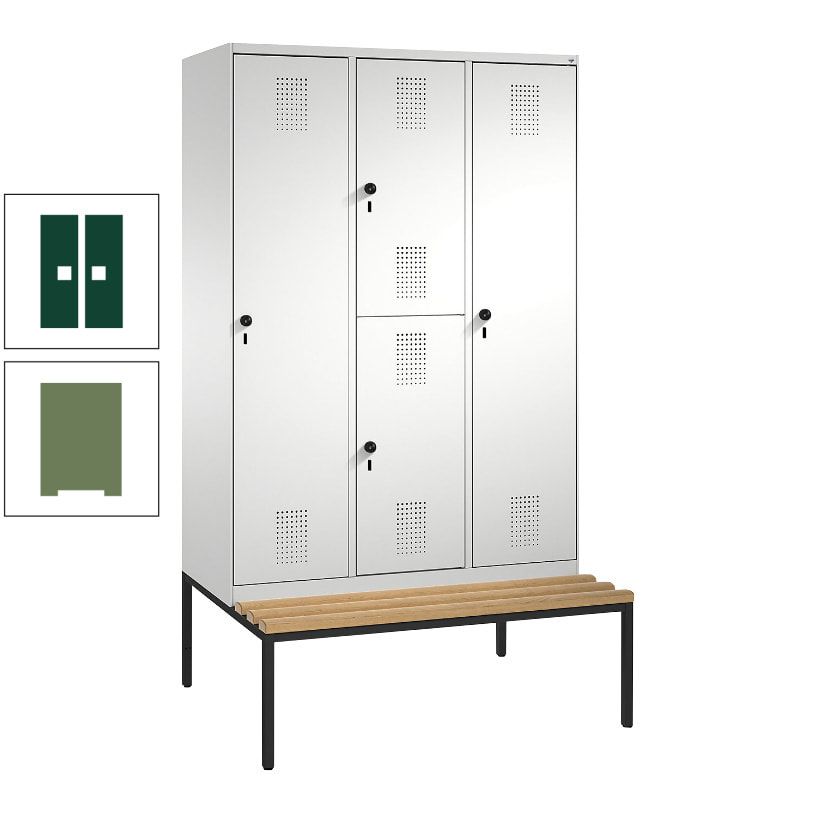Garderobenschrank, Spind ein- und doppelstöckig Sitzbank, 3 Abteile, 4 Fächer, 2.090x1.200x500 mm (HxBxT), Front anthrazitgrau, Korpus anthrazitgrau