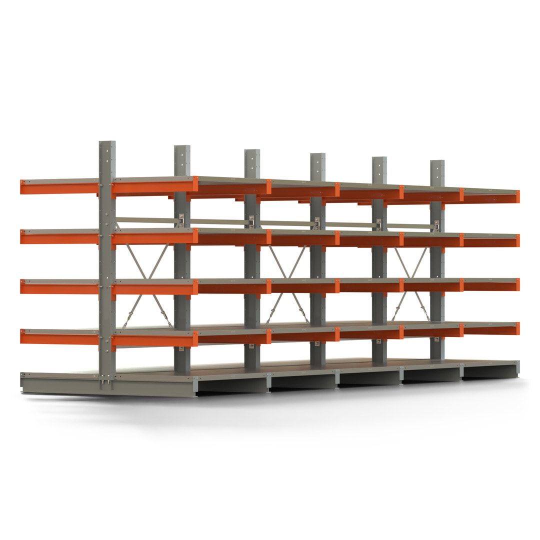 Doppelseitiges Kragarmregal mit Fachböden, 2 Felder, 2.000 x 2.000 (HxB), Nutztiefe 1.000 mm, Kragarmlast 450 kg, KARL basic, silbergrau/reinorange
