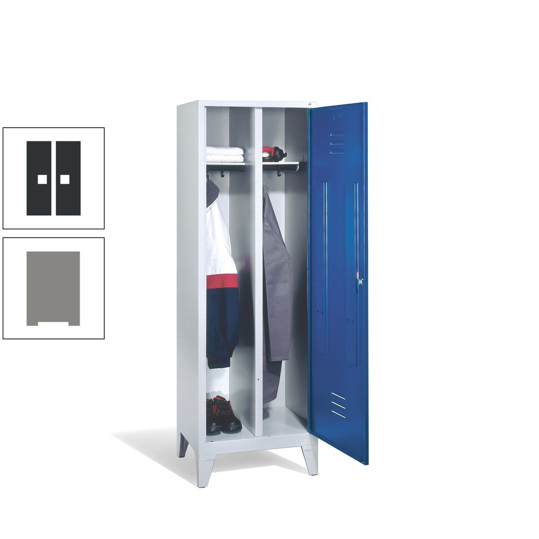 Doppel-Spind mit Großtür, Garderobenschrank mit Füßen, 2 Abteile a 300 mm, Korpus anthrazitgrau, Tür anthrazitgrau, 1.850 x 610 x 500 mm (HxBxT)