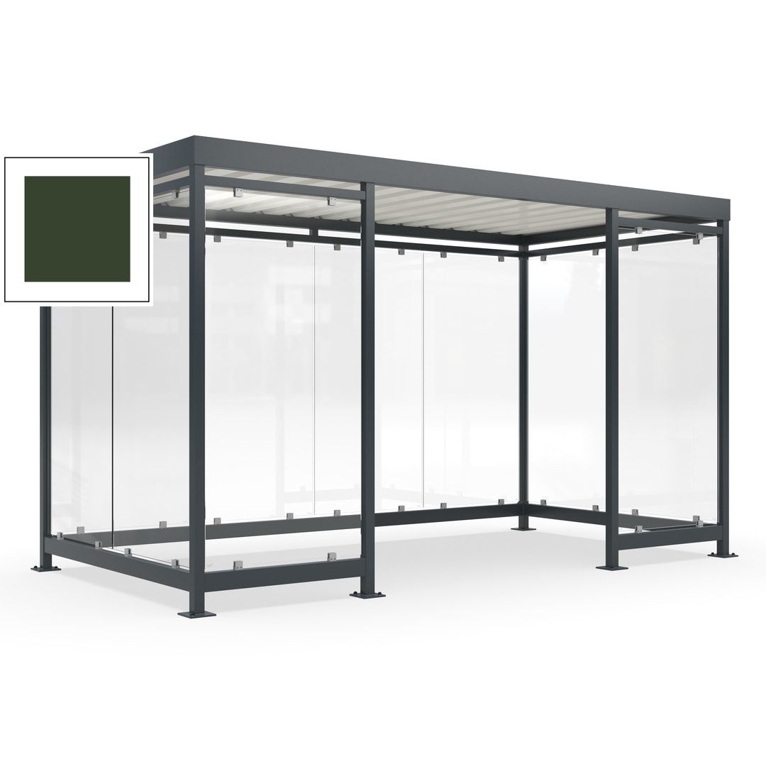 Fahrgastunterstand, Raucherunterstand, fertig montiert, Aufdübeln, 12-13 Personen, 2.510 x 4.195 x 2.165 mm (HxBxT), 10 Wände, Achatgrau