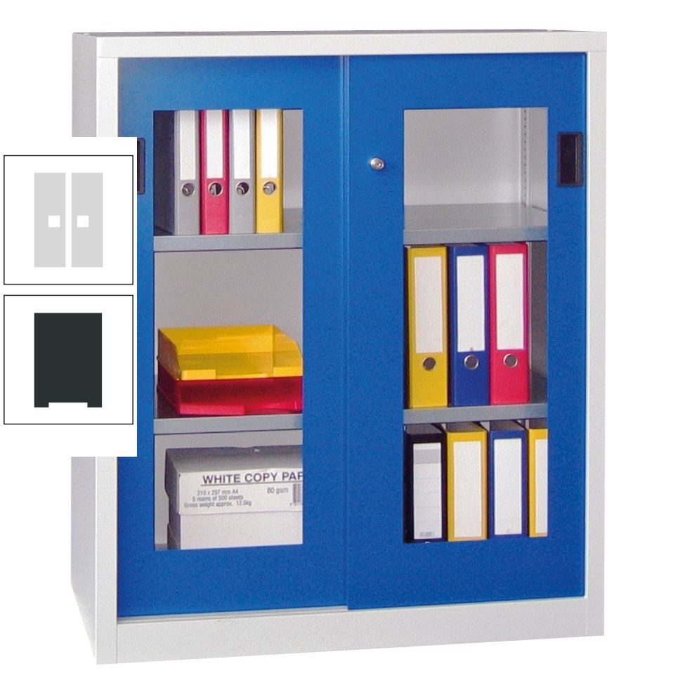 Schiebetürenschrank - Sichtfenstertüren - 1.000x1.000x400 mm (HxBxT) - 2 Böden, gepulvert - Zylinderschloss - anthrazitgrau