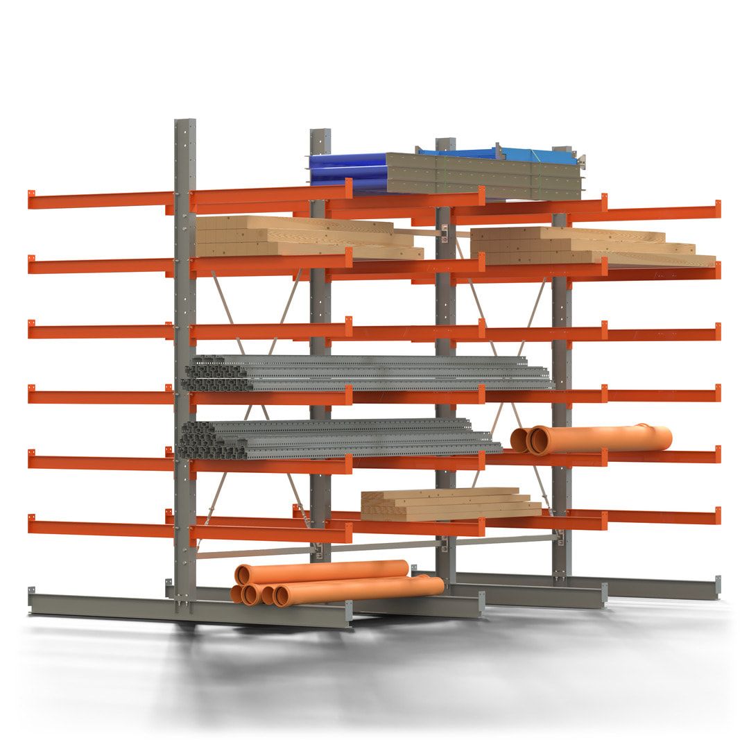 Doppelseitiges Kragarmregal, 2 Felder, 3.000 x 2.560 x 1.120 mm (HxBxT), Nutztiefe 500 mm, Kragarmlast 870 kg, KARL basic, silbergrau/reinorange