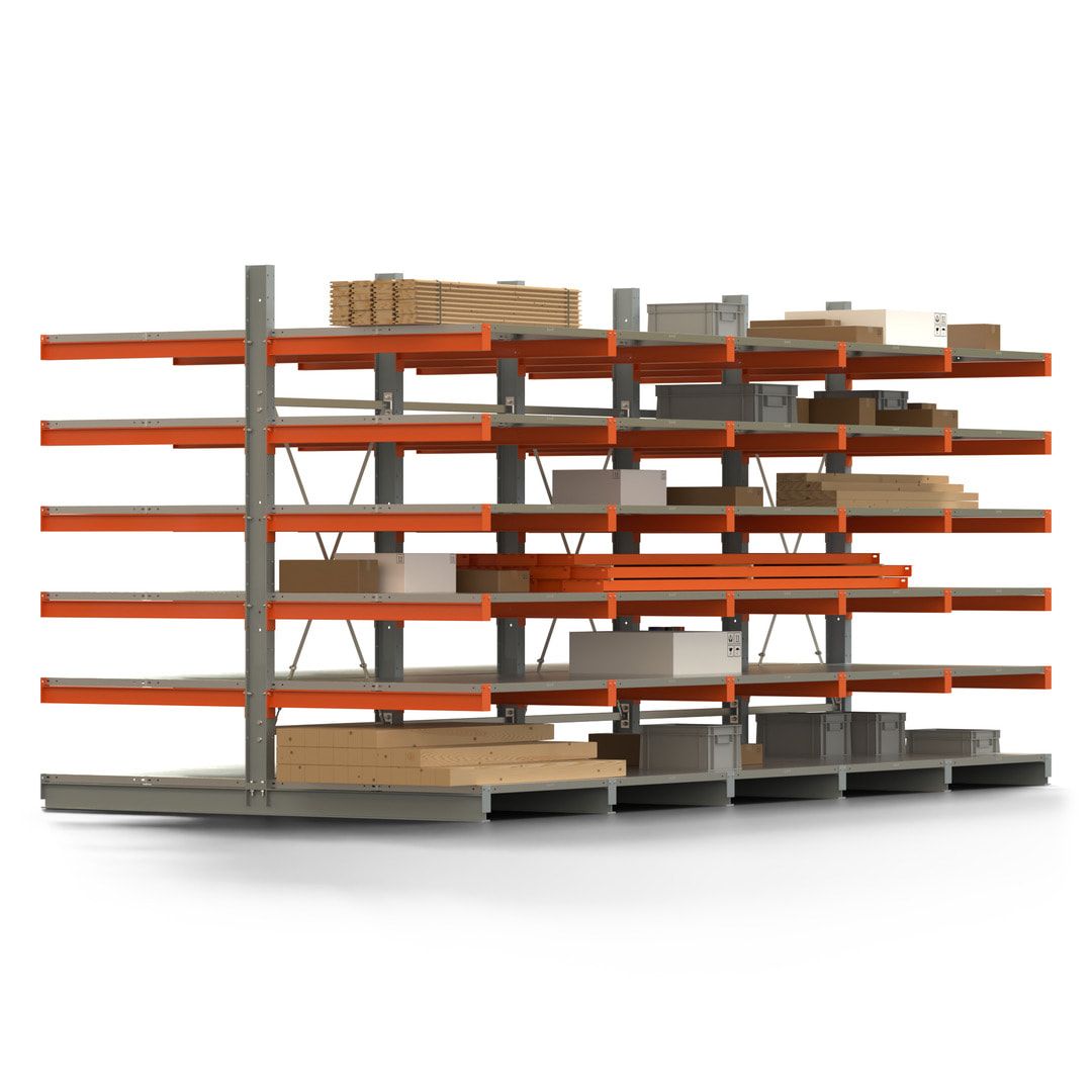 Doppelseitiges Kragarmregal mit Fachböden, 2 Felder, 2.500 x 2.000 (HxB), Nutztiefe 1.000 mm, Kragarmlast 450 kg, KARL basic, silbergrau/reinorange