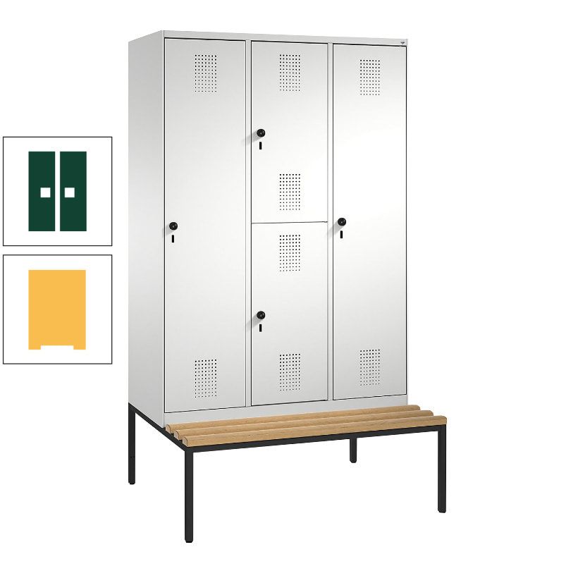 Garderobenschrank, Spind ein- und doppelstöckig Sitzbank, 3 Abteile, 4 Fächer, 2.090x1.200x500 mm (HxBxT), Front anthrazitgrau, Korpus anthrazitgrau