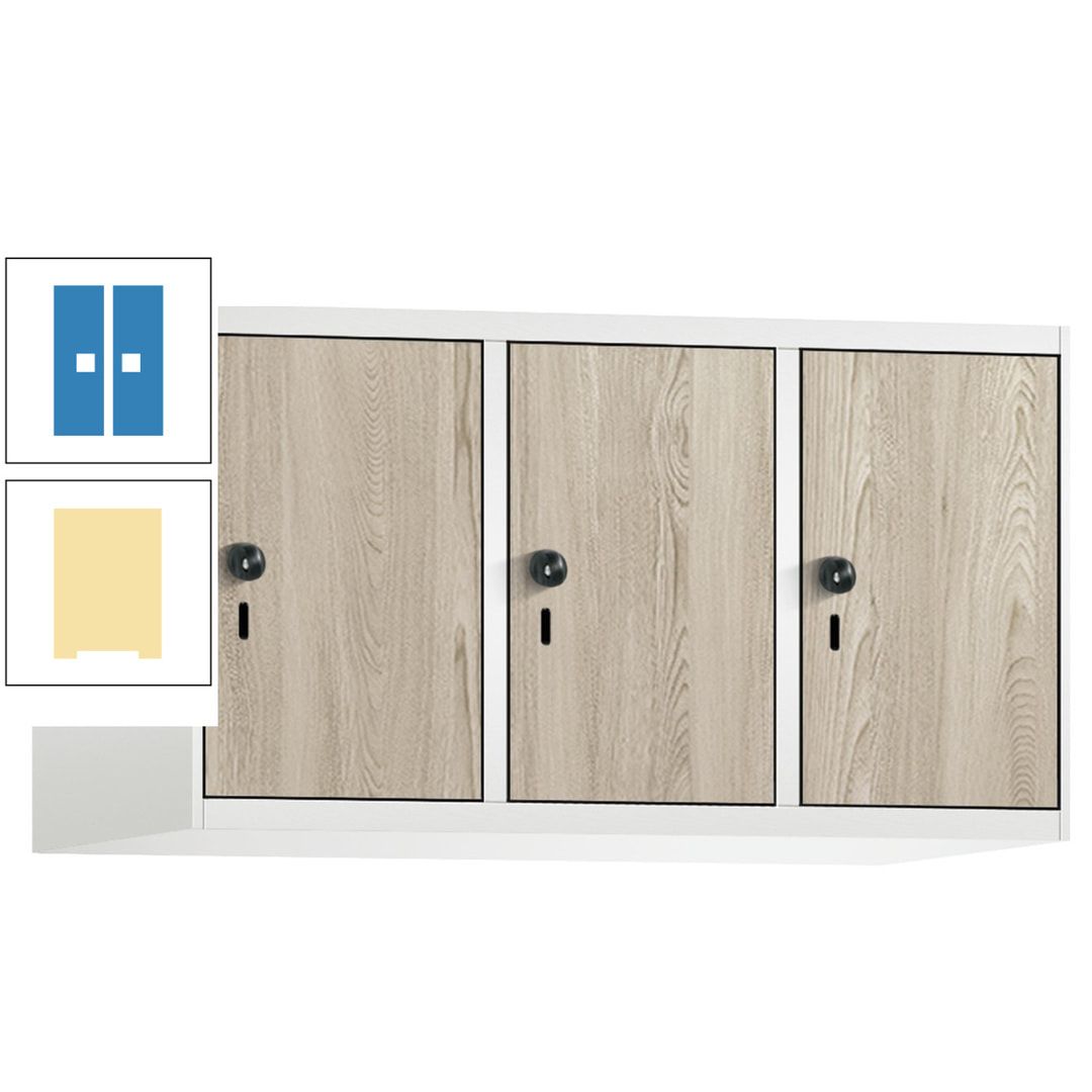 Aufsatzschrank, Schrankaufsatz, 3 Fächer a 300 mm, Farbe Pastellgelb, Tür anthrazitgrau, 500 x 900 x 500 mm (HxBxT)