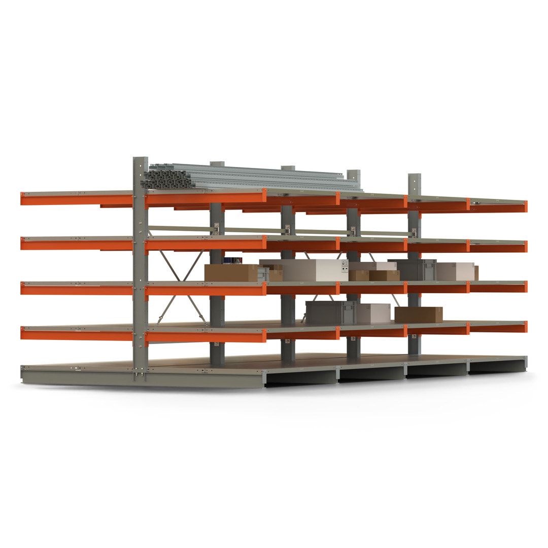 Doppelseitiges Kragarmregal mit Fachböden, 2 Felder, 2.000 x 2.560 (HxB), Nutztiefe 1.000 mm, Kragarmlast 450 kg, KARL basic, silbergrau/reinorange