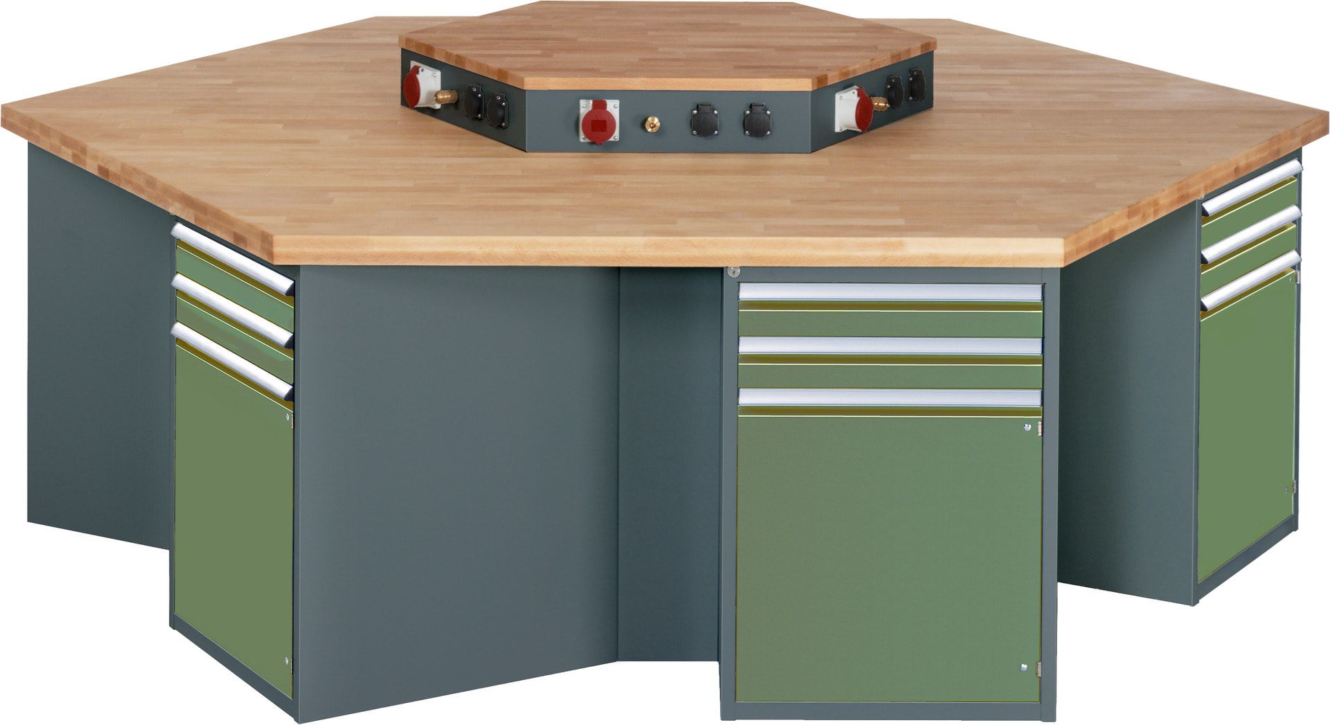 Gruppenwerkbank, Buche, Höhe 840 mm, mit Energieaufsatz, Unterbau-Container, 2 Schubladen, 1 Tür, 1 Boden - Anthrazitgrau