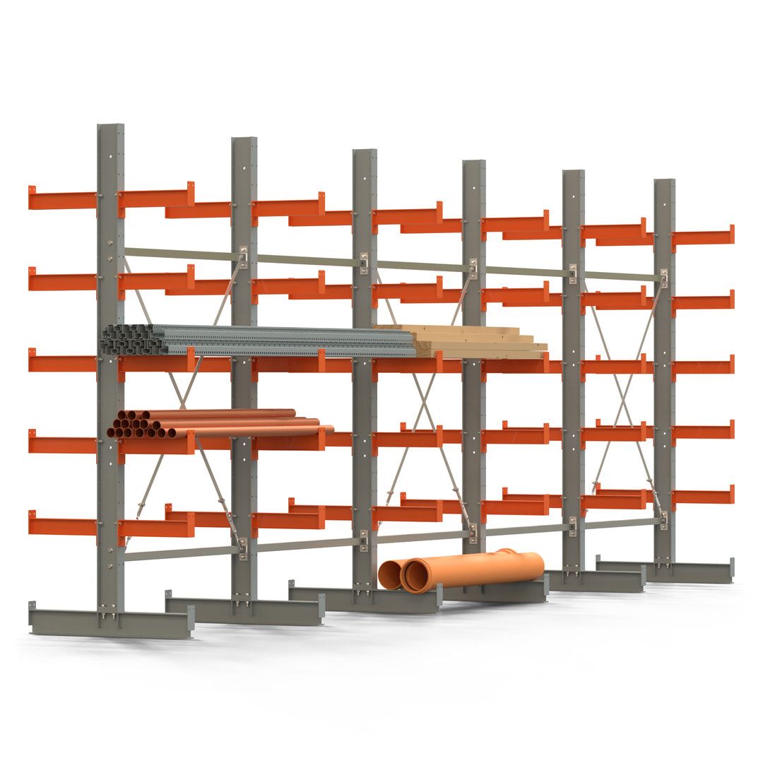 Doppelseitiges Kragarmregal, 2 Felder, 2.500 x 2.560 x 1.120 mm (HxBxT), Nutztiefe 500 mm, Kragarmlast 870 kg, KARL basic, silbergrau/reinorange