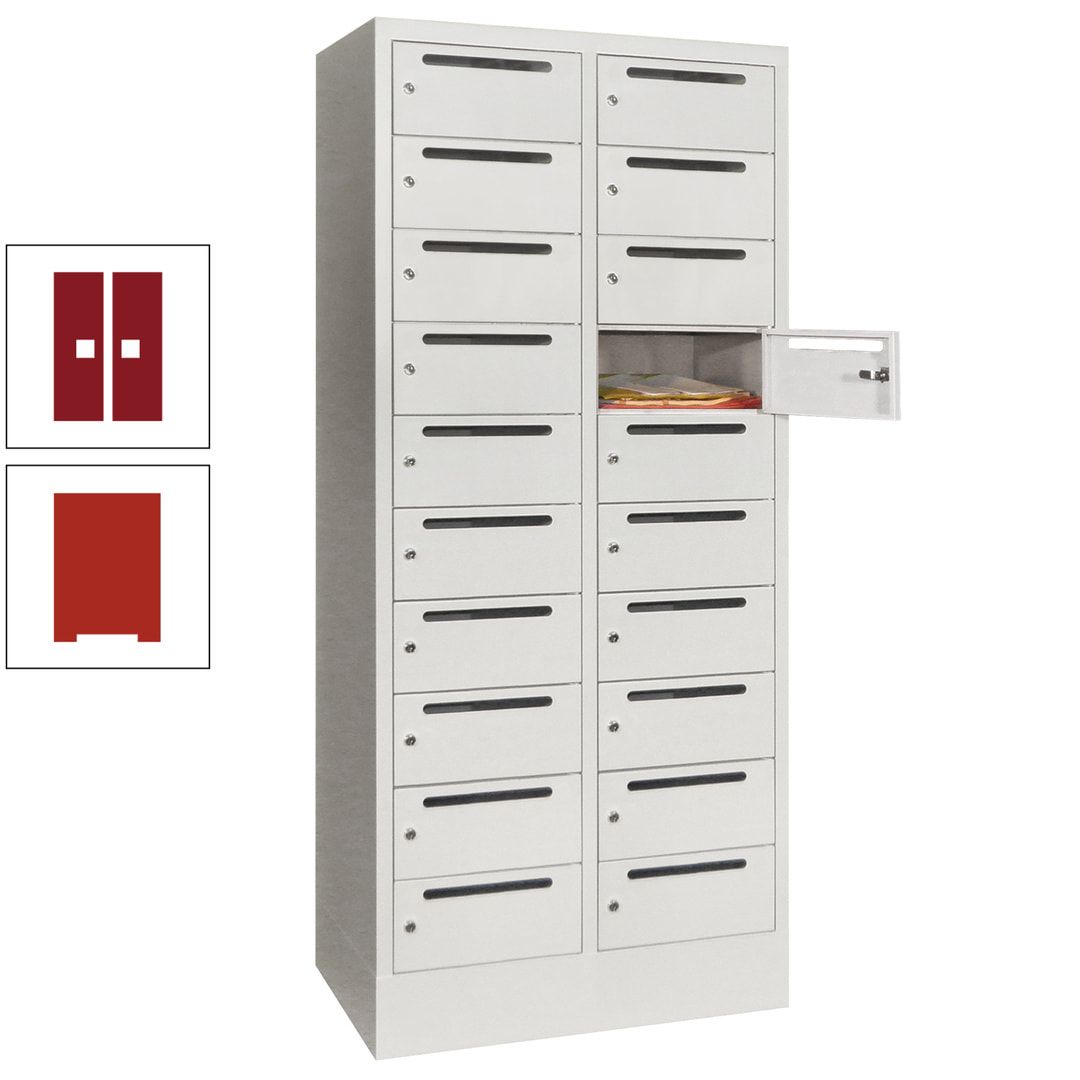 Postverteilerschrank, Schließfachschrank, 2 Abteile a 400 mm, 20 Fächer, 1.850 x 800 x 500 mm (HxBxT), Korpus anthrazitgrau, Front anthrazitgrau