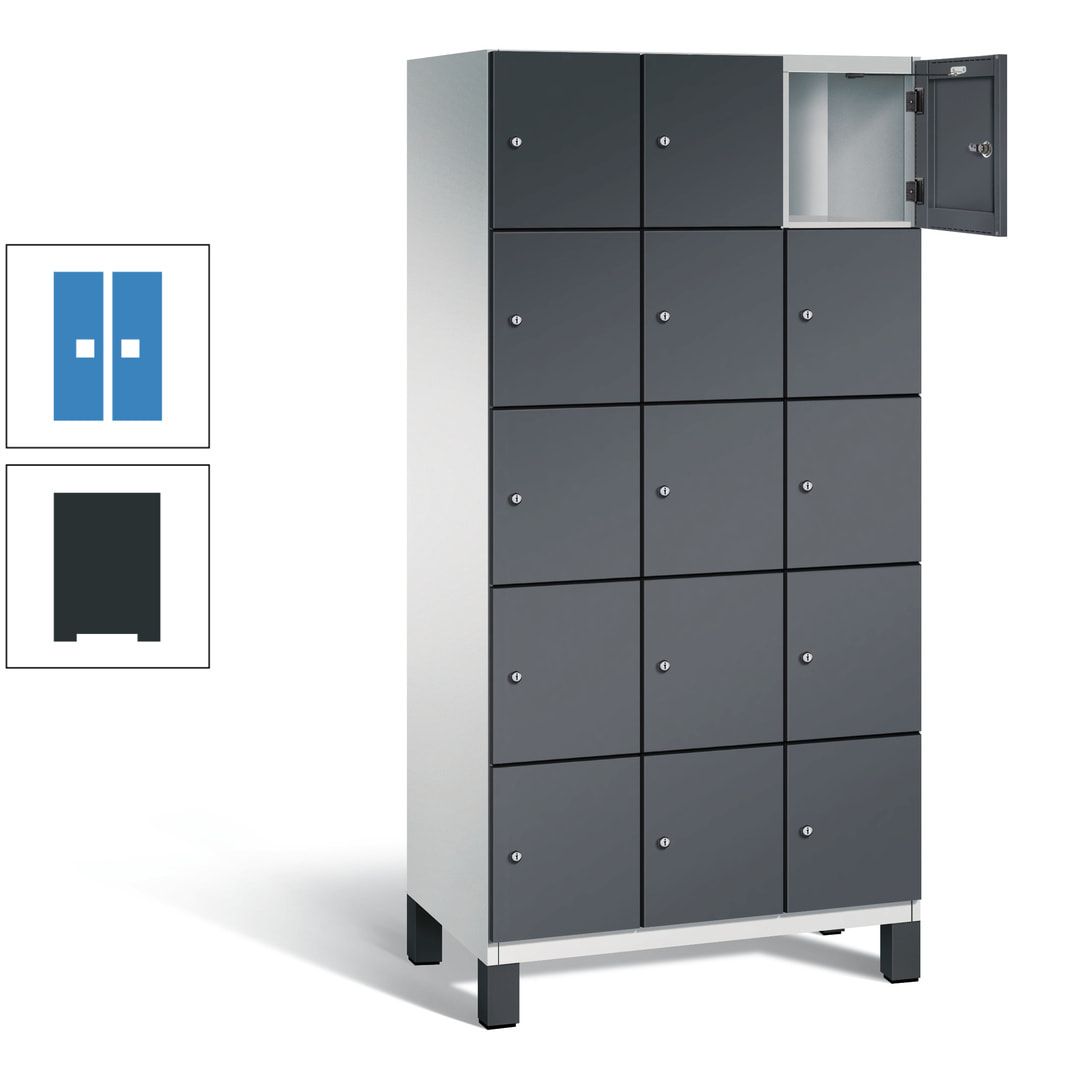 Fächerschrank, Stahlschrank, 15 Fächer, Türöffnungsbegrenzer, Füße, 1.980 x 900 x 525 mm (HxBxT), Korpus anthrazitgrau, Front anthrazitgrau