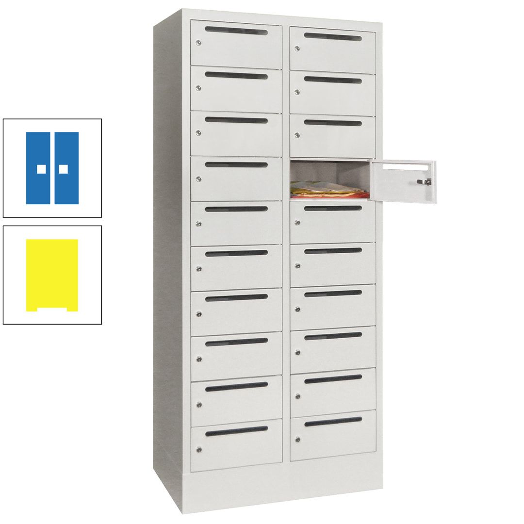 Postverteilerschrank, Schließfachschrank, 2 Abteile a 400 mm, 20 Fächer, 1.850 x 800 x 500 mm (HxBxT), Korpus anthrazitgrau, Front anthrazitgrau