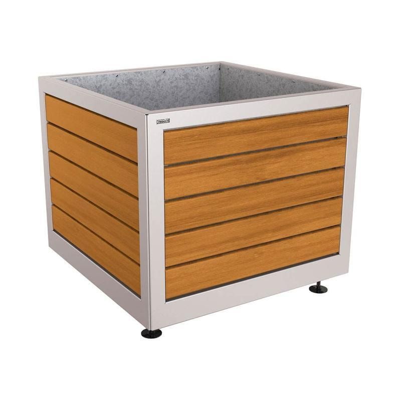 Pflanzbehälter, Stahl und Holz, verstellbare Füße, Innenverkleidung feuerverzinkt, 800 x 1.000 x 1.000 mm (HxBxT), Farbe enzianblau
