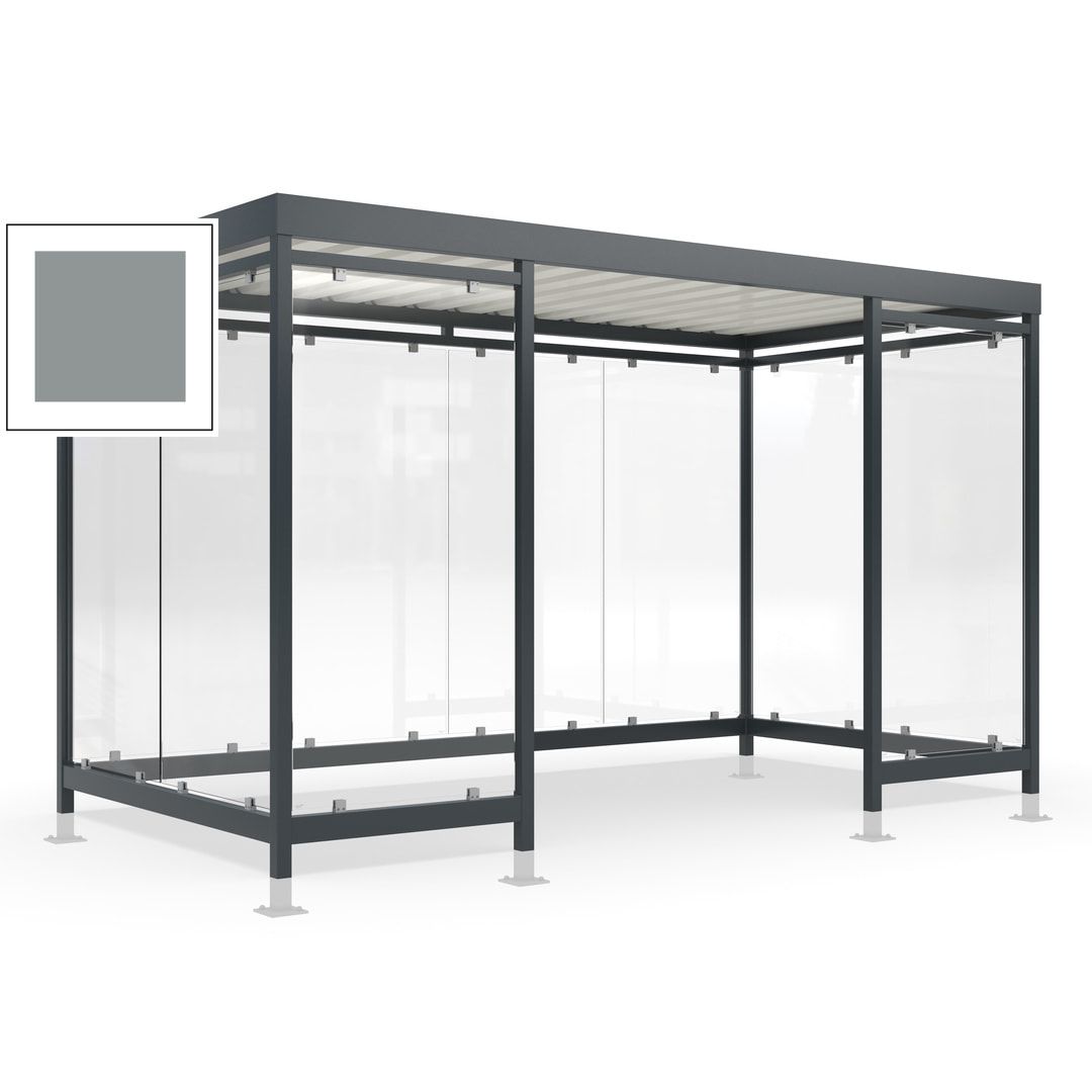 Raucherunterstand für 12-13 Personen, Bushaltestelle, mit Überpflasterung, 2.440 x 4.195 x 2.165 mm (HxBxT), 10 Wände, Achatgrau