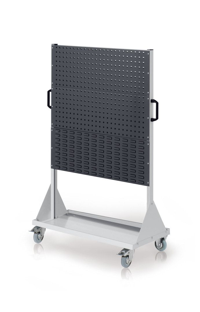 Mobiler Rollwagen, 4 Loch- und 2 Schlitzplatten, 10 Halter, 8 Sichtlagerkästen, SLK-Halter, Transportbehälter, 1.580 x 1.000 x 500 mm, Anthrazitgrau