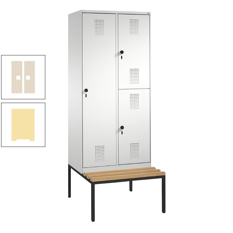 Garderobenschrank, Spind ein- und doppelstöckig Sitzbank, 2 Abteile, 3 Fächer, 2.090 x 800 x 500 mm (HxBxT), Front anthrazitgrau, Korpus anthrazitgrau