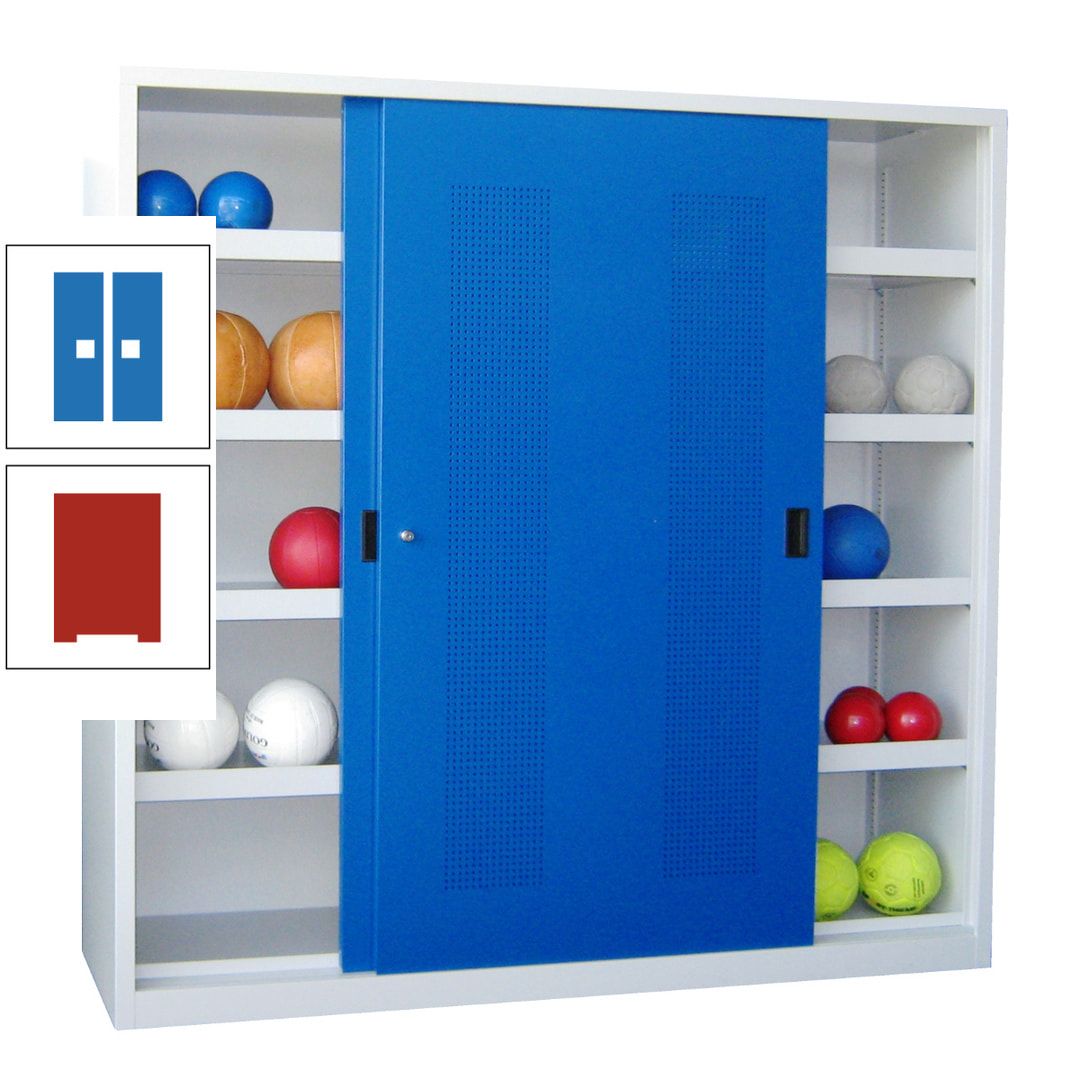 Ballschrank - Schiebetüren mit Lochfeld - Trennwand - 8 Böden - 1.950x2.000x600 mm (HxBxT) - anthrazitgrau