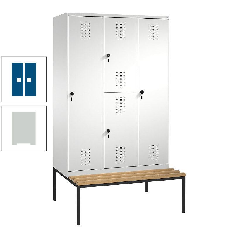 Garderobenschrank, Spind ein- und doppelstöckig Sitzbank, 3 Abteile, 4 Fächer, 2.090x1.200x500 mm (HxBxT), Front anthrazitgrau, Korpus anthrazitgrau