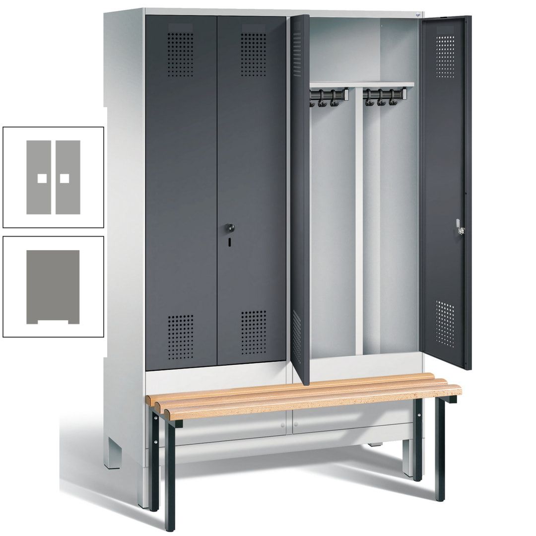 Doppel-Spind, Garderobenschrank, Buche Sitzbank vorgebaut, 4 Abteile a 300 mm, Korpus feuerrot, Tür Wasserblau, 1.850 x 1.200 x 815 mm (HxBxT)
