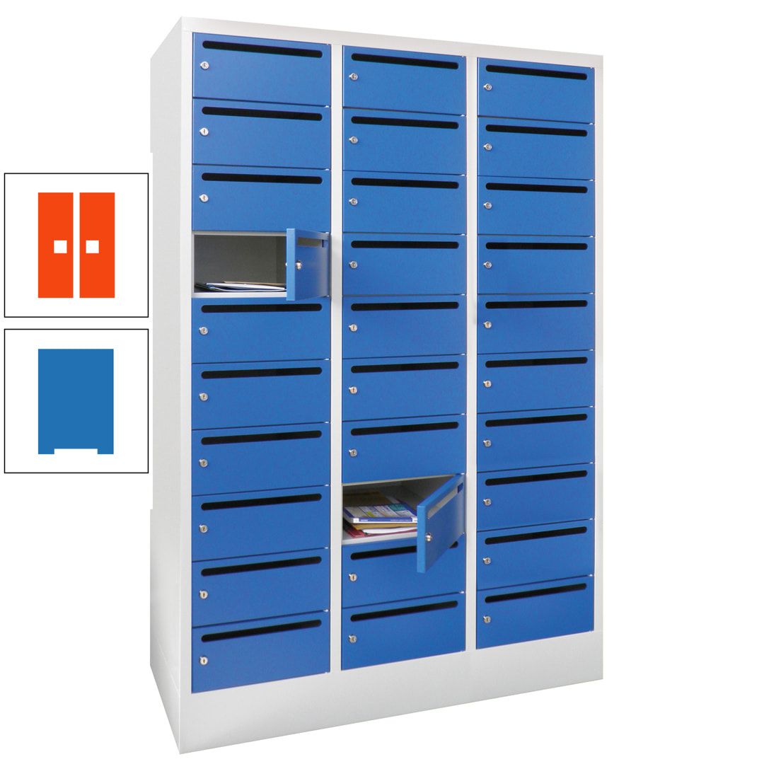 Postverteilerschrank, Schließfachschrank, 3 Abteile a 300 mm, 30 Fächer, 1.850 x 900 x 500 mm (HxBxT), Korpus anthrazitgrau, Front anthrazitgrau