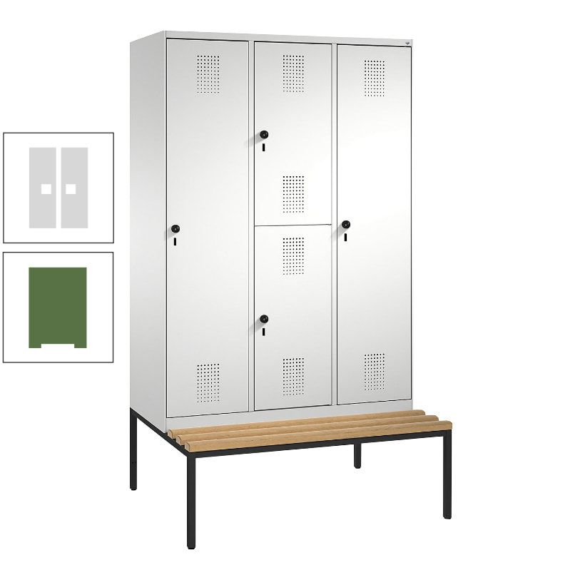 Garderobenschrank, Spind ein- und doppelstöckig Sitzbank, 3 Abteile, 4 Fächer, 2.090x1.200x500 mm (HxBxT), Front anthrazitgrau, Korpus anthrazitgrau