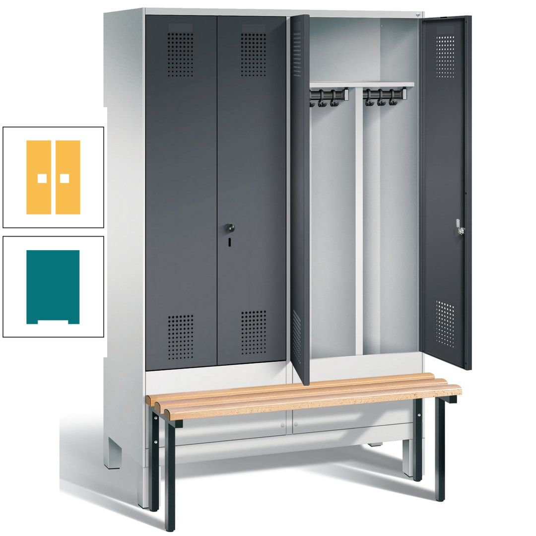 Doppel-Spind, Garderobenschrank, Buche Sitzbank vorgebaut, 4 Abteile a 300 mm, Korpus feuerrot, Tür Wasserblau, 1.850 x 1.200 x 815 mm (HxBxT)
