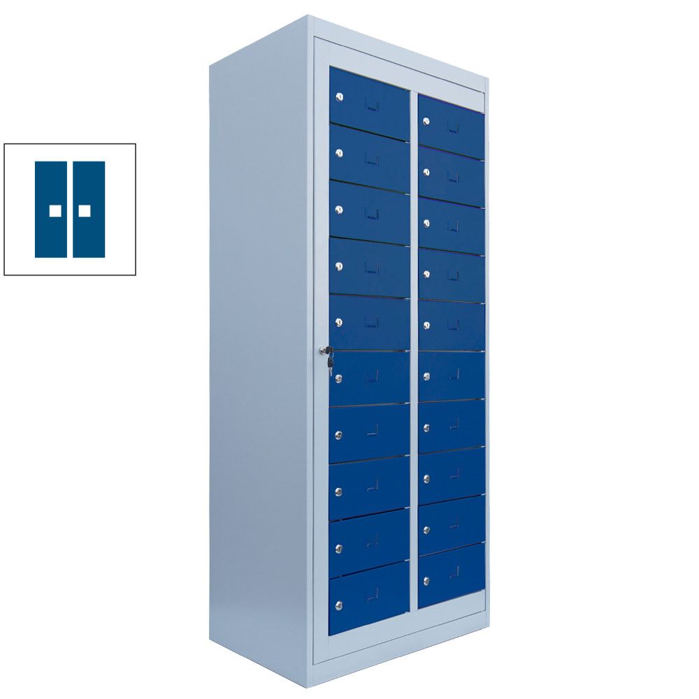 Verteilerschrank, Ausgabeschrank, Fächerschrank, Zentraltür, 2 Abteile, 20 Fächer, 1.800 x 740 x 500 mm (HxBxT), Korpus lichtgrau, Front enzianblau