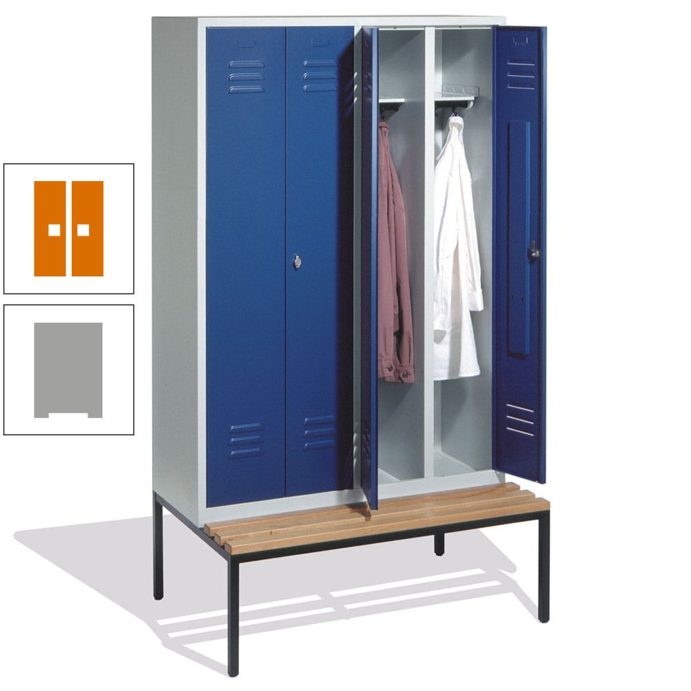Doppel-Spindschrank, Buche Sitzbank untergebaut, 4 Abteile a 300 mm, Korpus lichtgrau, Tür anthrazitgrau, 2.090 x 1.190 x 815 mm (HxBxT)