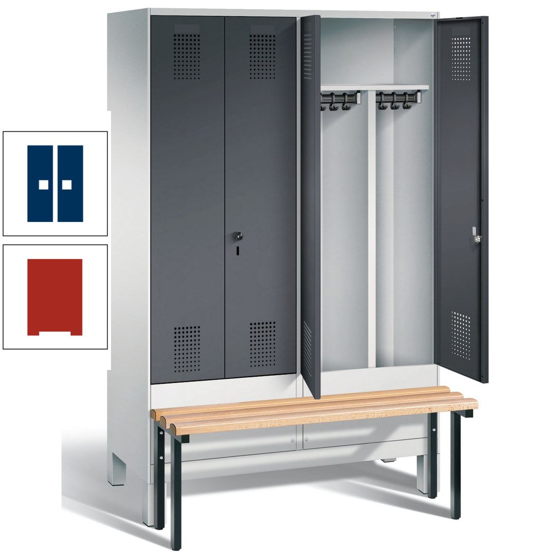 Doppel-Spind, Garderobenschrank, Buche Sitzbank vorgebaut, 4 Abteile a 300 mm, Korpus feuerrot, Tür Wasserblau, 1.850 x 1.200 x 815 mm (HxBxT)