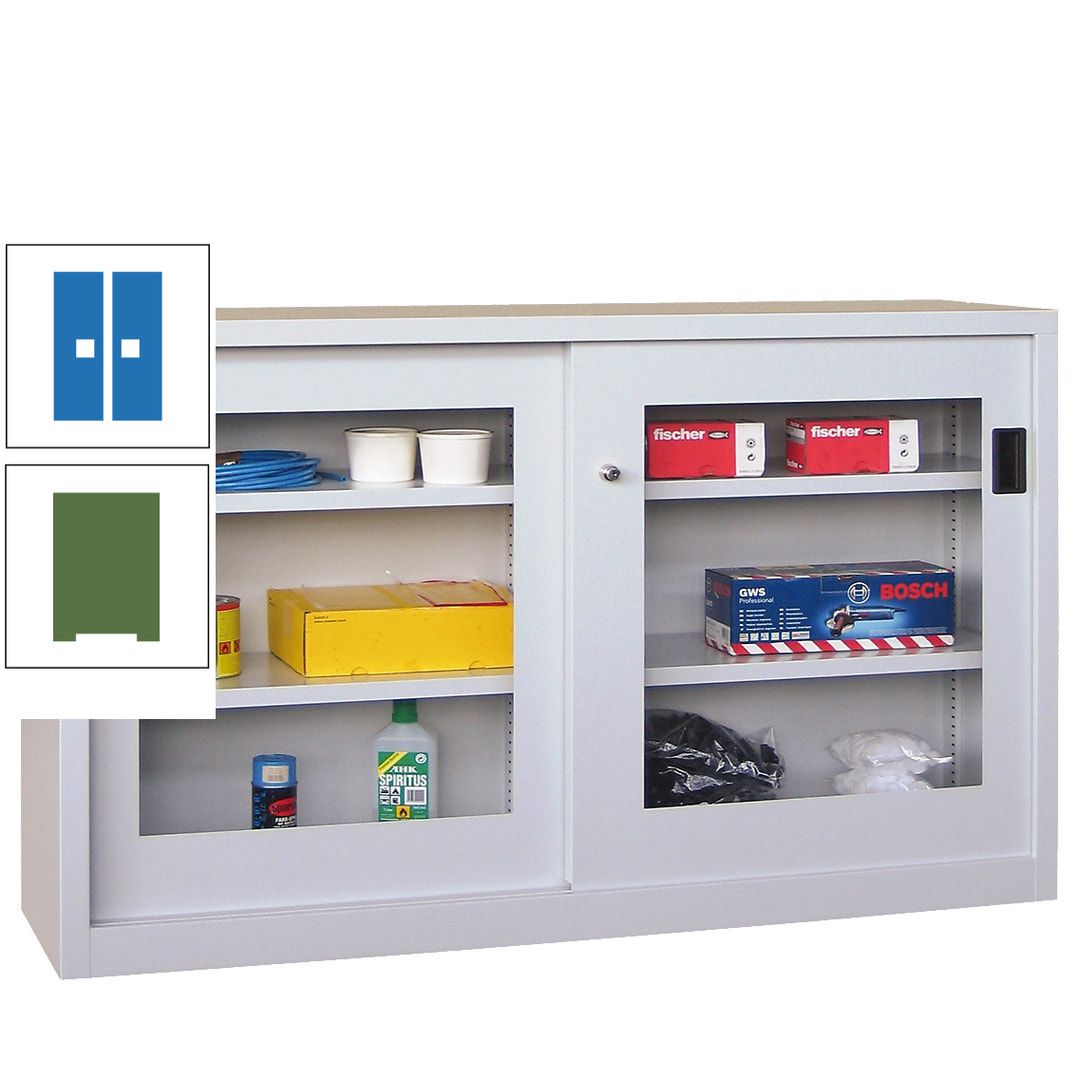 Schiebetürenschrank - Sichtfenstertüren - 1.000x1.500x600 mm (HxBxT) - 4 Böden, verzinkt - Zylinderschloss - anthrazitgrau