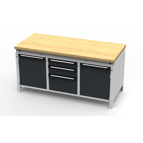 OTTOKIND Werkbank - bündige Arbeitsplatte - 810 x 1.695 x 750 mm (HxBxT) - 3 Schubladen - 2 Schränke - lichtgrau