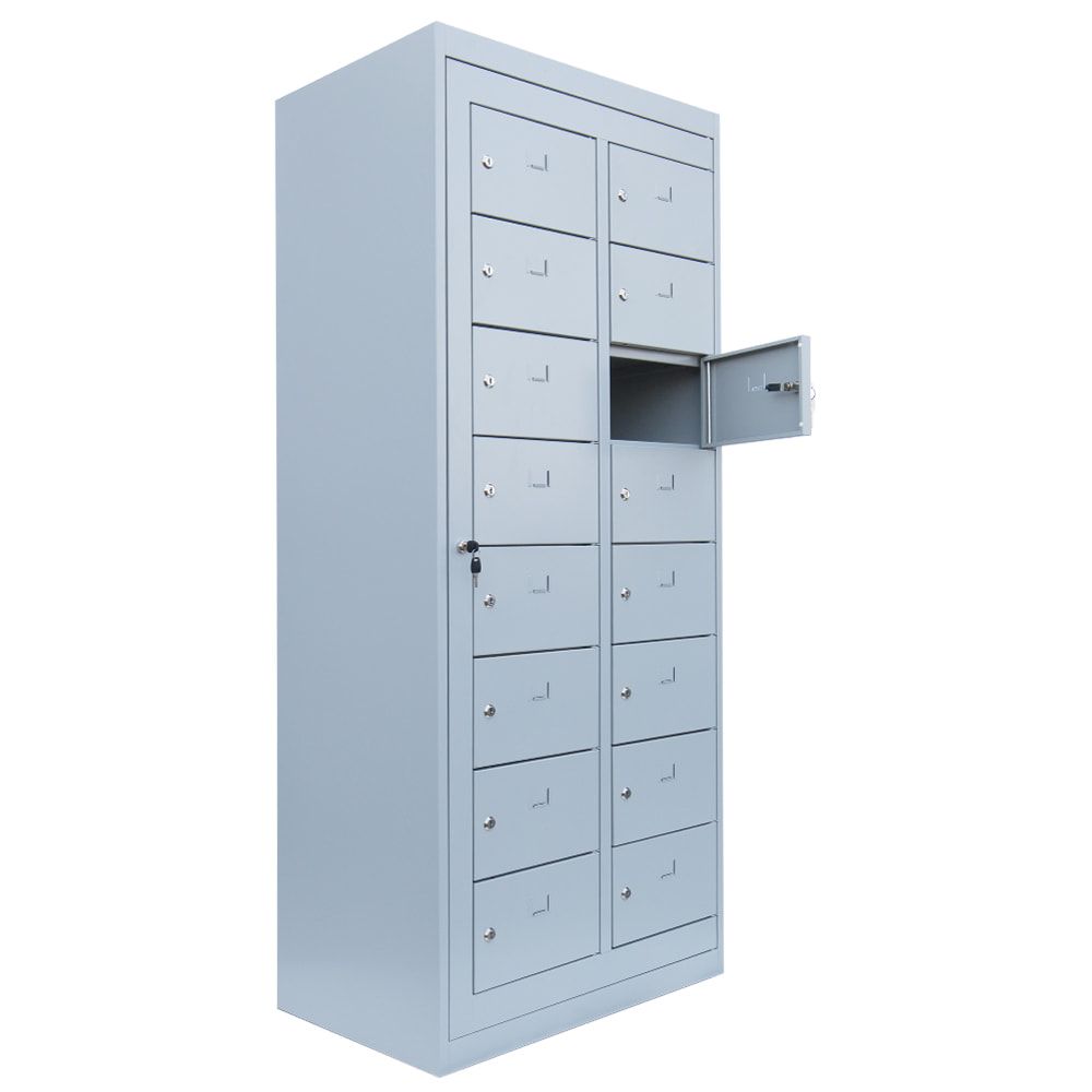 Verteilerschrank, Ausgabeschrank, Fächerschrank, Zentraltür, 2 Abteile, 16 Fächer, 1.800 x 740 x 500 mm (HxBxT), Korpus lichtgrau, Front enzianblau
