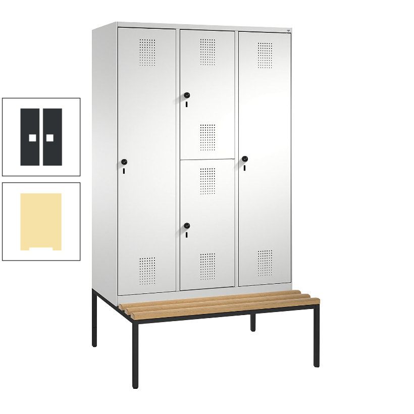 Garderobenschrank, Spind ein- und doppelstöckig Sitzbank, 3 Abteile, 4 Fächer, 2.090x1.200x500 mm (HxBxT), Front anthrazitgrau, Korpus anthrazitgrau
