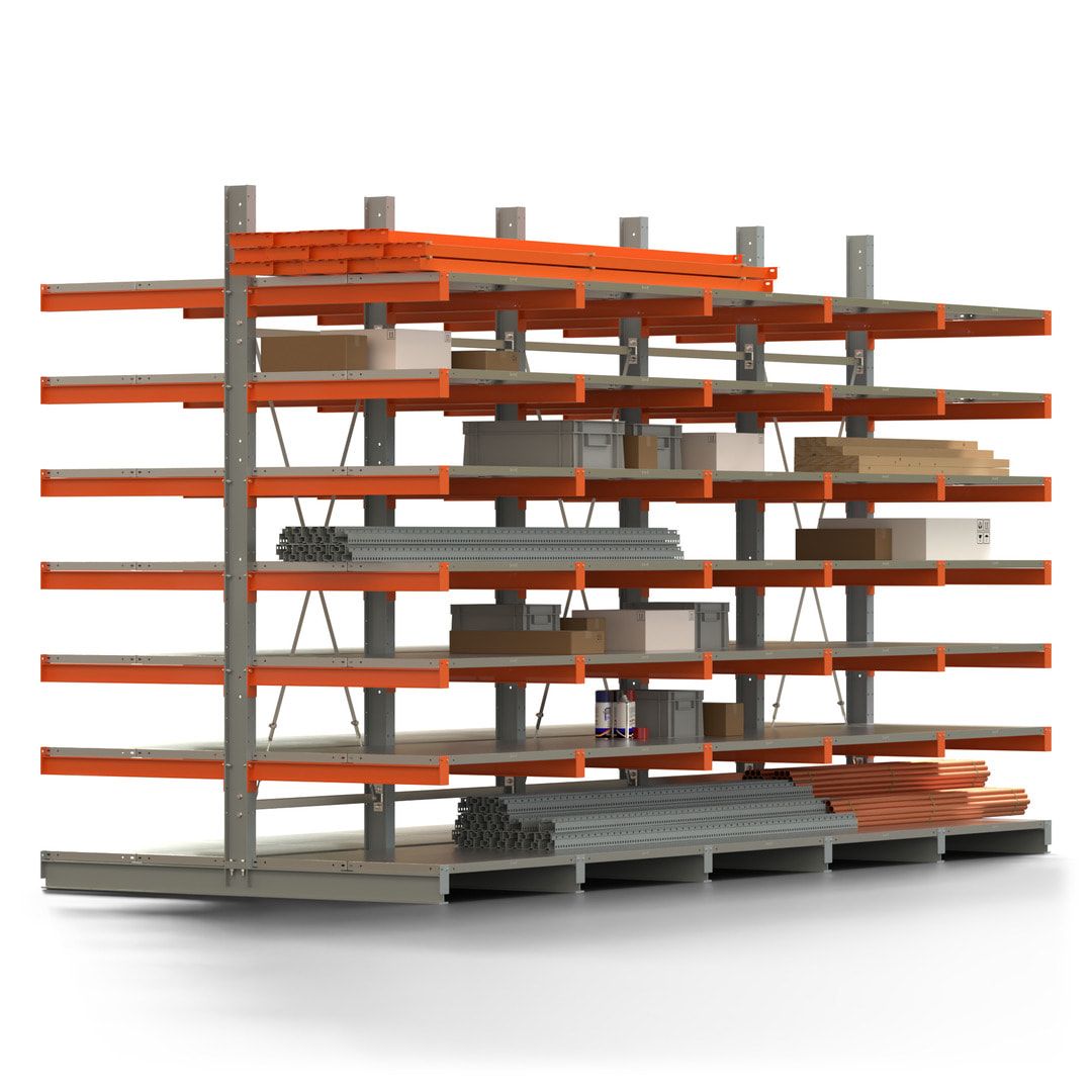 Doppelseitiges Kragarmregal mit Fachböden, 2 Felder, 3.000 x 2.000 (HxB), Nutztiefe 1.000 mm, Kragarmlast 450 kg, KARL basic, silbergrau/reinorange