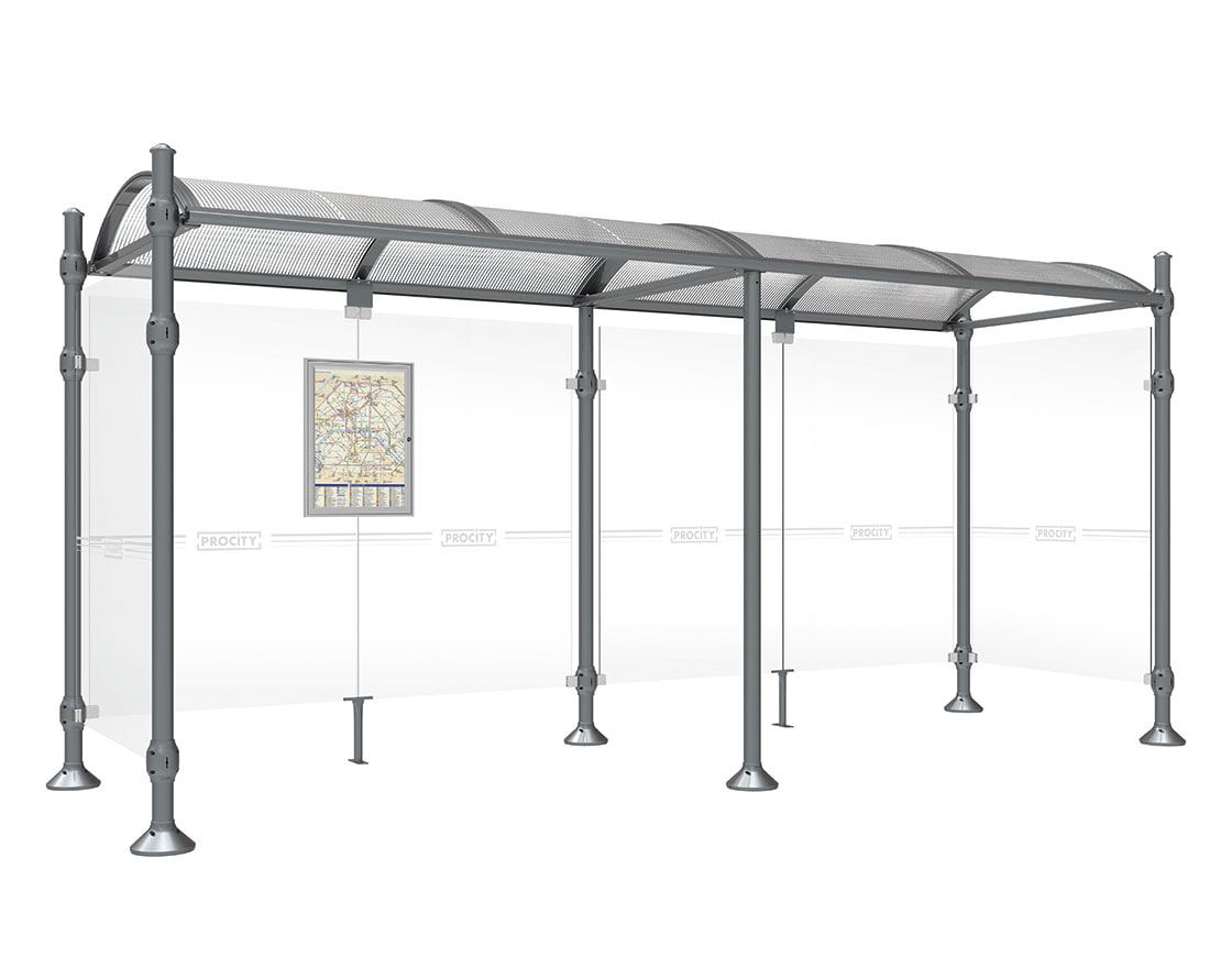 Buswartehalle, Unterstand, 2 Seitenwände, Kopf gebürsteter Edelstahl, ESG, Fahrplanschaukasten, 2.500 x 2.500 x 1.600 mm (HxBxT), Farbe enzianblau