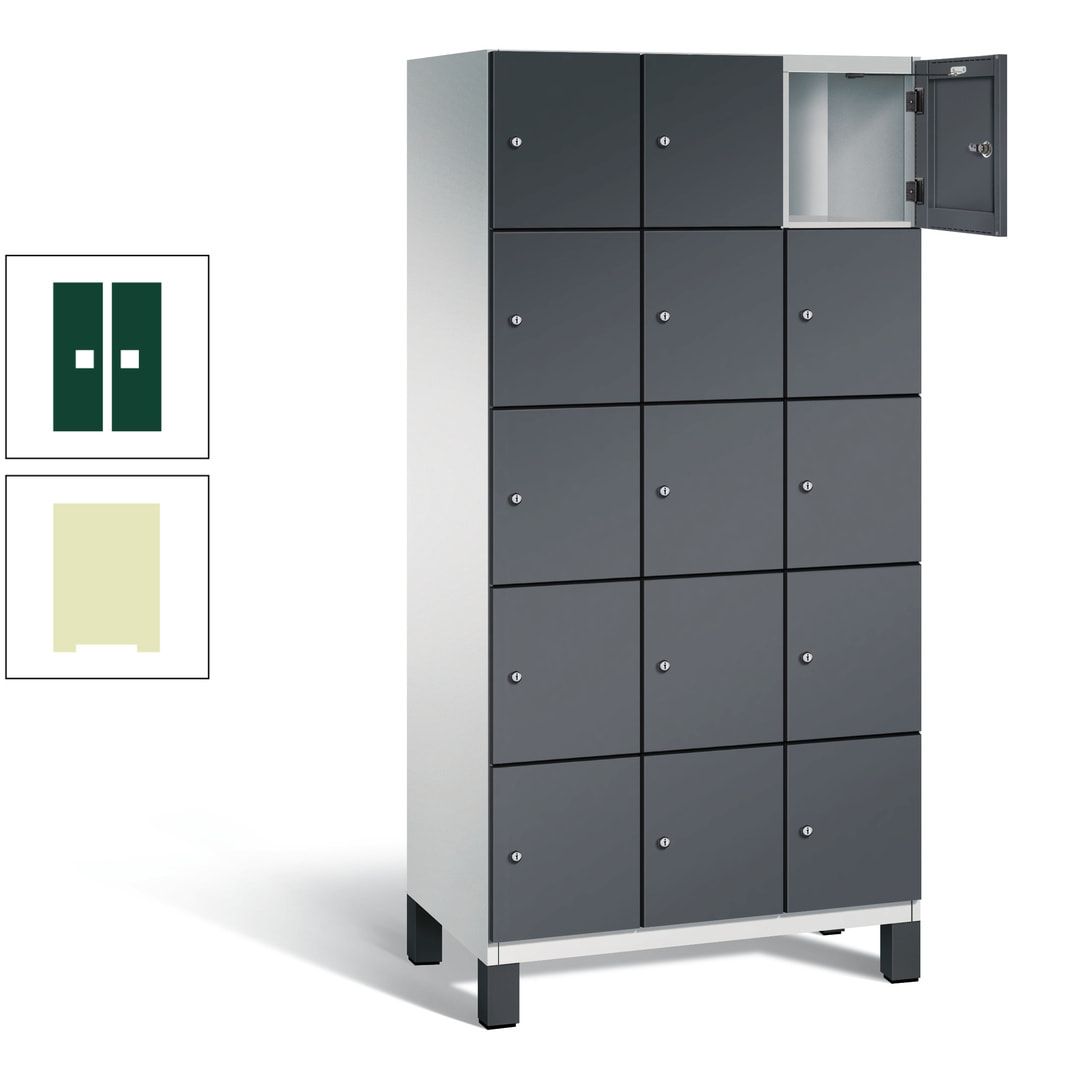 Fächerschrank, Stahlschrank, 15 Fächer, Türöffnungsbegrenzer, Füße, 1.980 x 900 x 525 mm (HxBxT), Korpus anthrazitgrau, Front anthrazitgrau