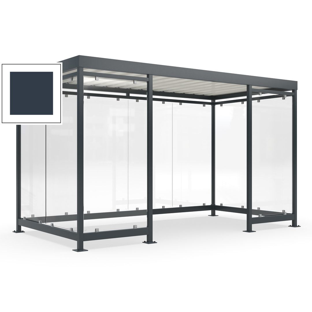 Fahrgastunterstand, Raucherunterstand, fertig montiert, Aufdübeln, 12-13 Personen, 2.510 x 4.195 x 2.165 mm (HxBxT), 10 Wände, Achatgrau