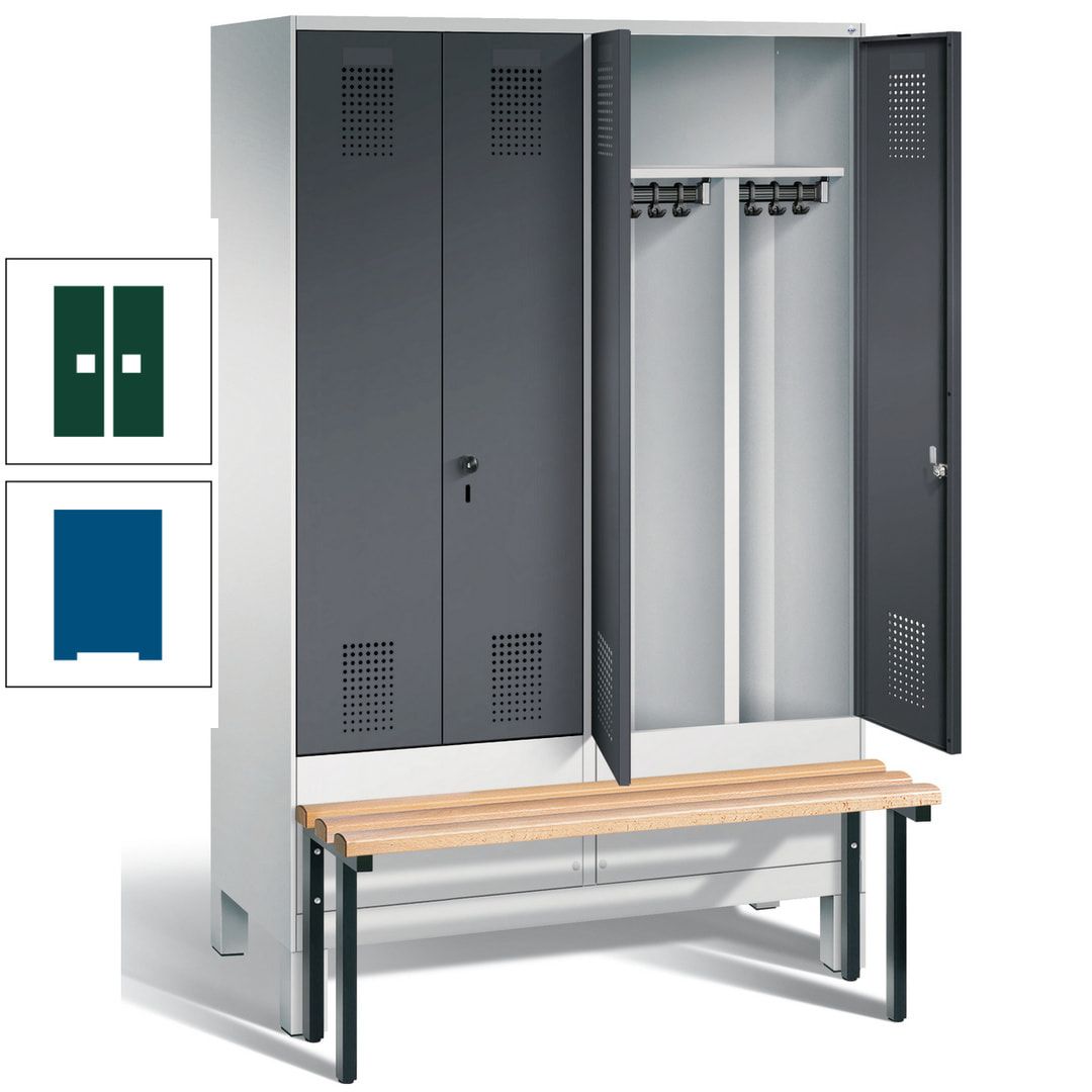 Doppel-Spind, Garderobenschrank, Buche Sitzbank vorgebaut, 4 Abteile a 300 mm, Korpus feuerrot, Tür Wasserblau, 1.850 x 1.200 x 815 mm (HxBxT)