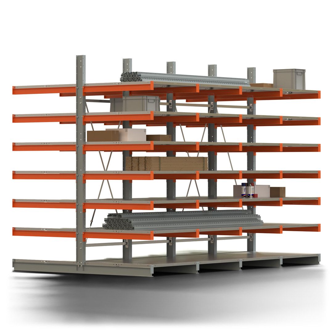 Doppelseitiges Kragarmregal mit Fachböden, 2 Felder, 3.000 x 2.000 (HxB), Nutztiefe 1.000 mm, Kragarmlast 450 kg, KARL basic, silbergrau/reinorange