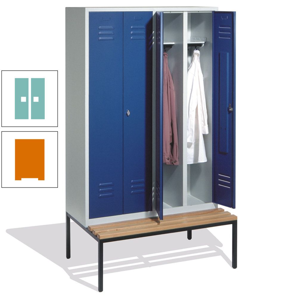 Doppel-Spindschrank, Buche Sitzbank untergebaut, 4 Abteile a 300 mm, Korpus lichtgrau, Tür anthrazitgrau, 2.090 x 1.190 x 815 mm (HxBxT)