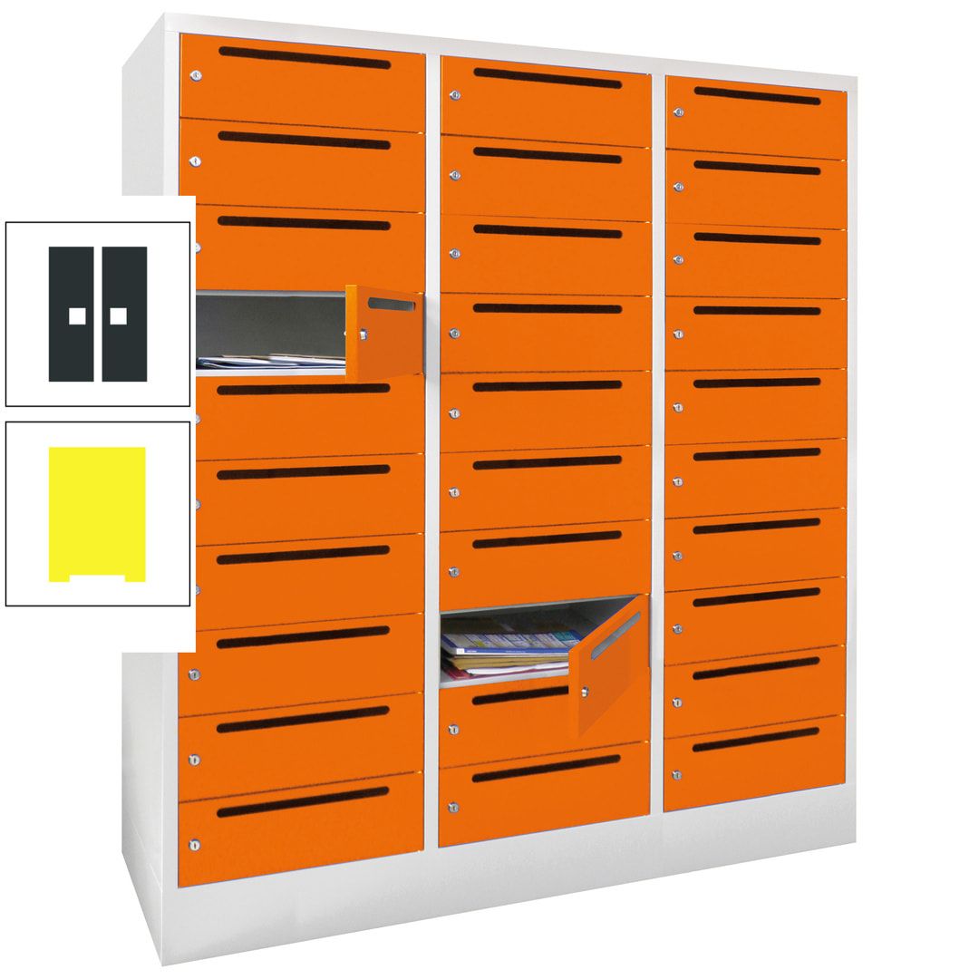 Postverteilerschrank, Schließfachschrank, 3 Abteile a 40 cm, 30 Fächer, 1.850 x 1.200 x 500 mm (HxBxT), Korpus anthrazitgrau, Front anthrazitgrau