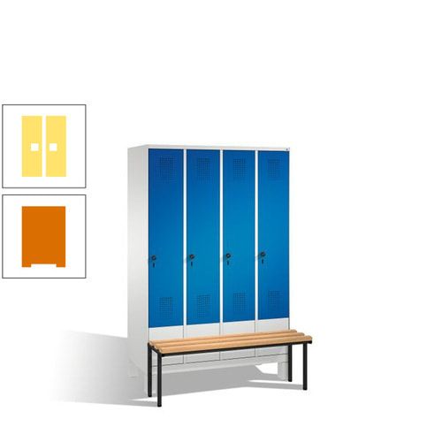 Stahl-Garderobenschrank, Spind, Buche Sitzbank vorgebaut, 4 Abteile a 300 mm, Korpus Lichtgrün, Tür Schwefelgelb, 1.850 x 1.200 x 815 mm (HxBxT)