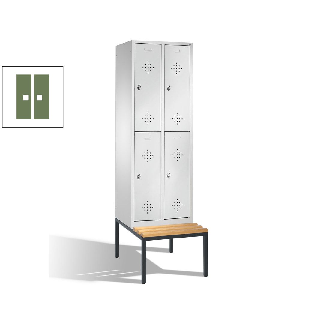 Garderobenschrank, Spind, 2 Abteile, 4 Fächer, 2.090 x 610 x 815 mm (HxBxT), Hartholz Sitzbank untergebaut, Korpus weißaluminium, Türen anthrazitgrau